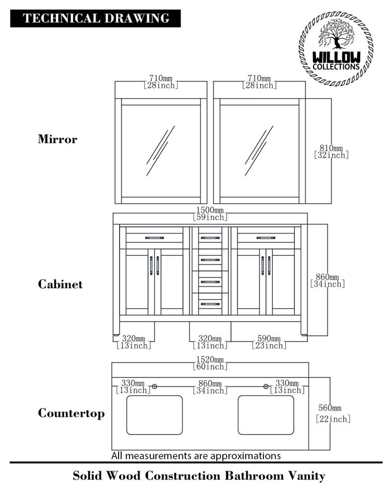 Cambridge 60 Double Bathroom Vanity in Coventry Gray 2" Calacatta Laza