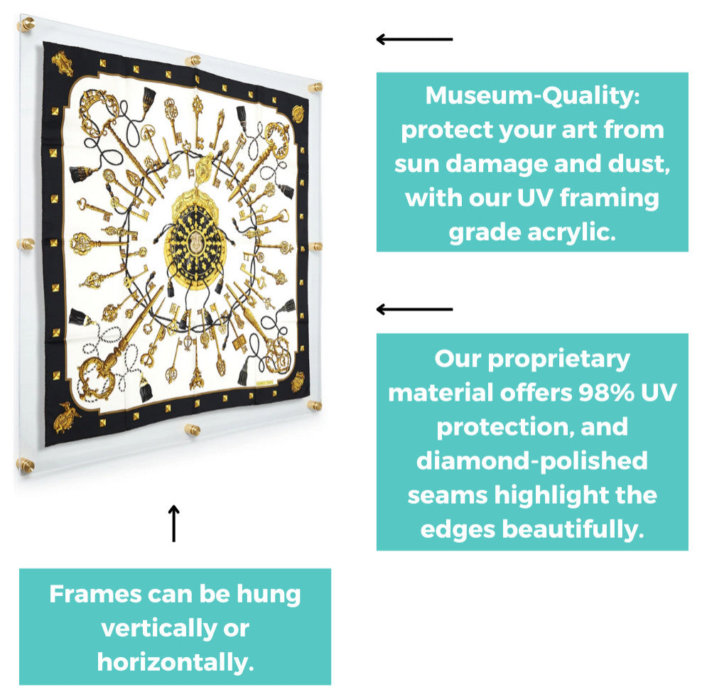 40"x40" Double Panel Acrylic Frame For 36"x 36" Scarf Or Art, Gold Hardware