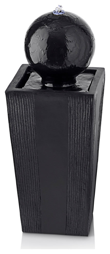 Alpine Modern Sphere Pedestal Fountain With LED Light, Black Finish, 33" Tall