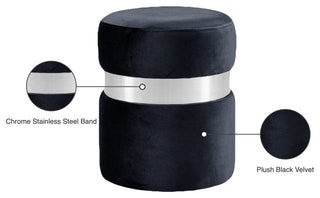 Hailey Velvet Upholstered Ottoman/Stool, Black, Silver Band