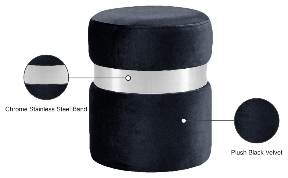 Hailey Velvet Upholstered Ottoman/Stool, Black, Silver Band