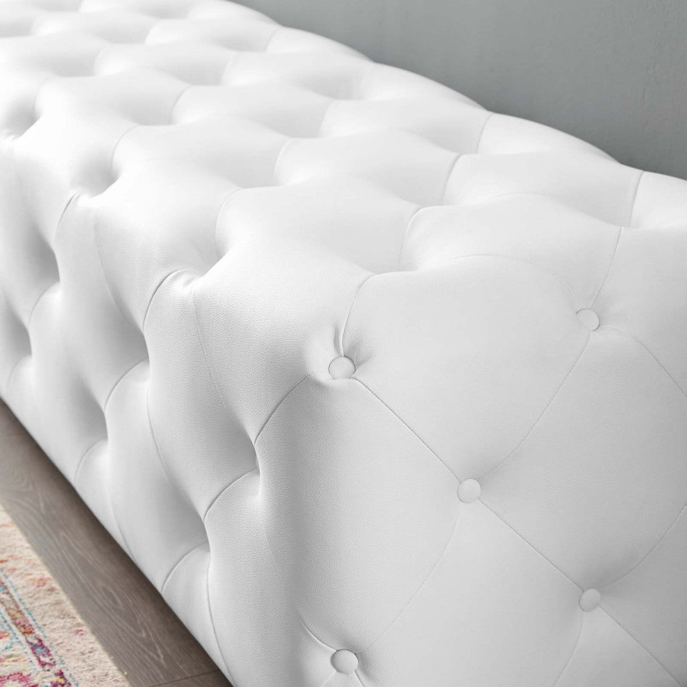 Tufted Accent Chair Bench, Faux Leather, White, Modern, Lounge Hospitality