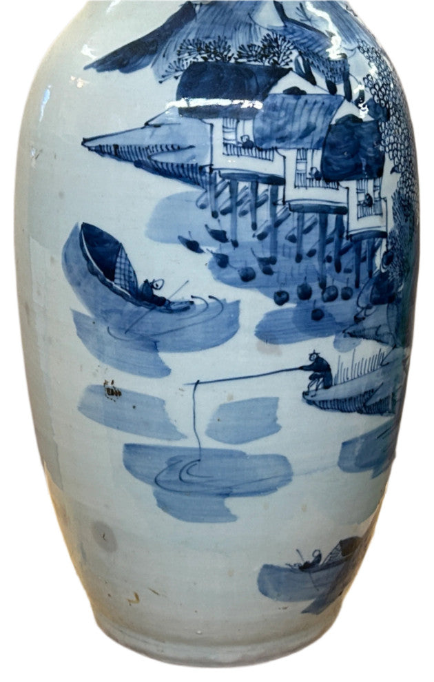 23.5" Vintage Blue White Scenery Porcelain Ru Yi Ear Art Vase Hws4430
