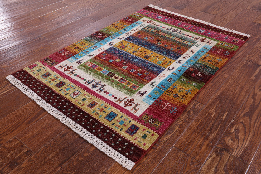 Persian Gabbeh Tribal Hand-Knotted Rug 2' 9" X 4' 0" Q10136