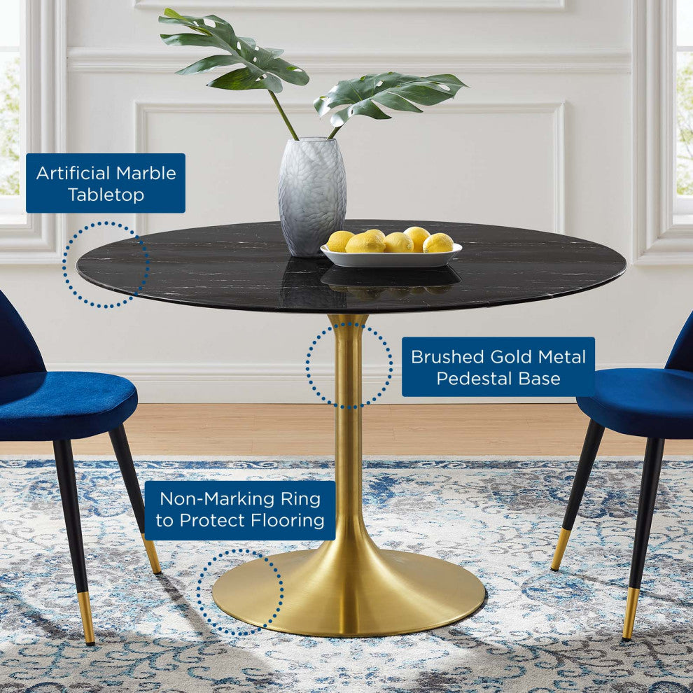 Dining Table, Round, Artificial Marble, Metal, Gold Black, Modern, Cafe Bistro