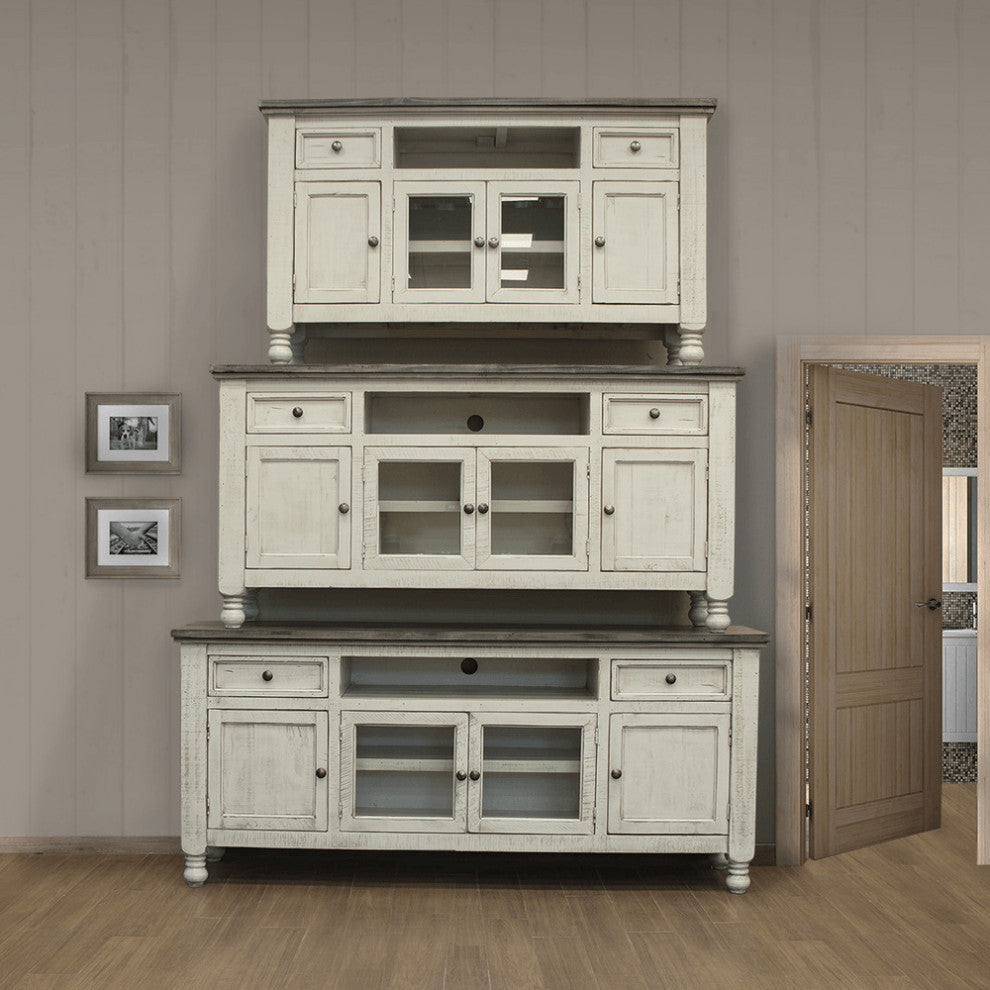 60" Ivory Solid Wood Open shelving Distressed TV Stand