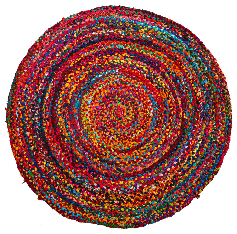 4' x 4' Hand Braided Boho Colorful Chindi Round Rug