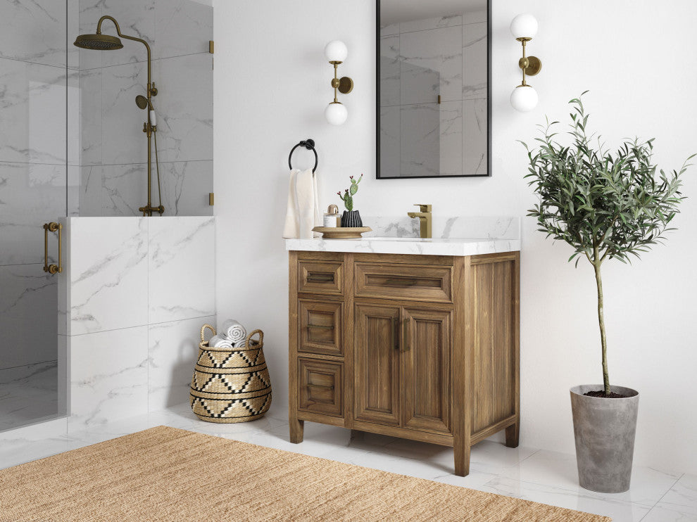 Santa Monica 36 Center Sink Bath Vanity in Graywashed Teak 2" Carrara Quartz
