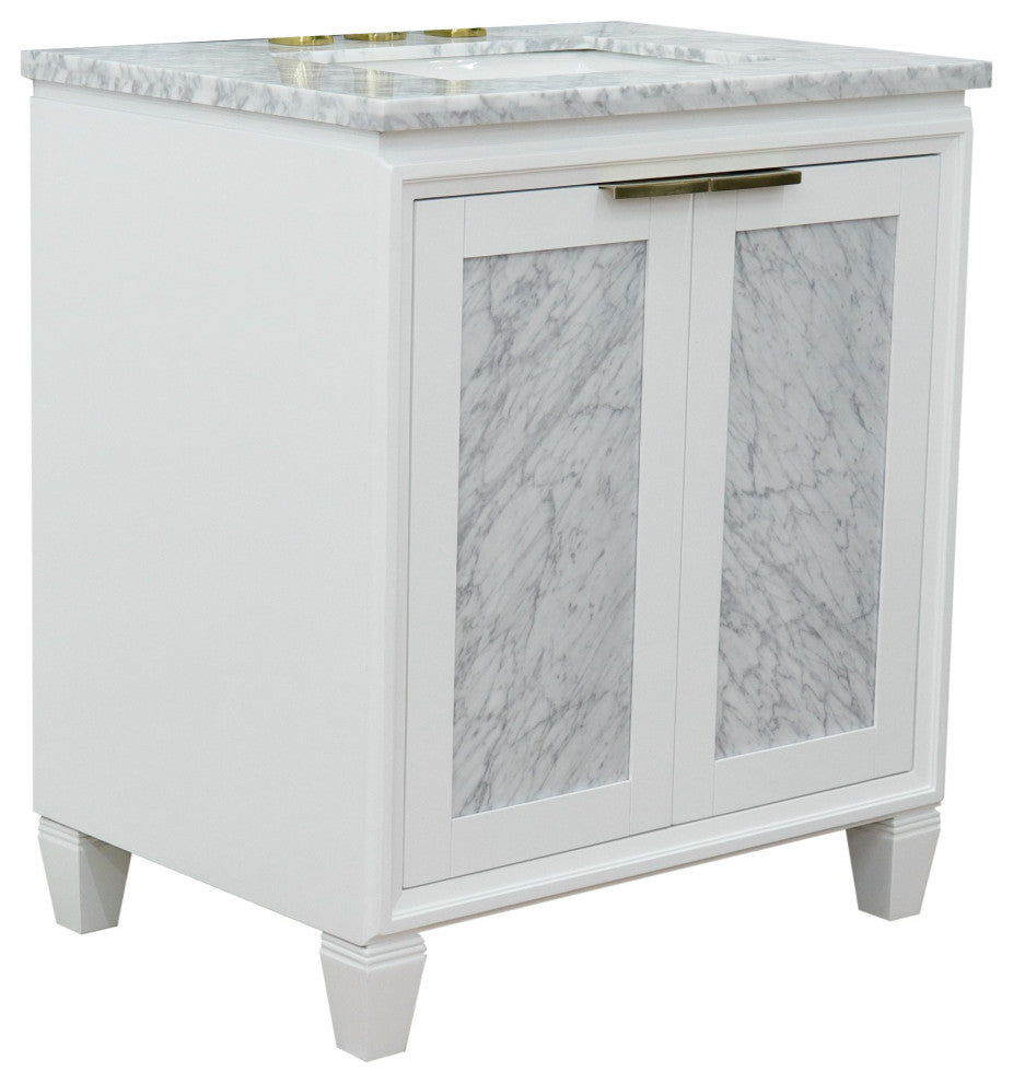31" Single Sink Vanity, White Finish With White Carrara Marble