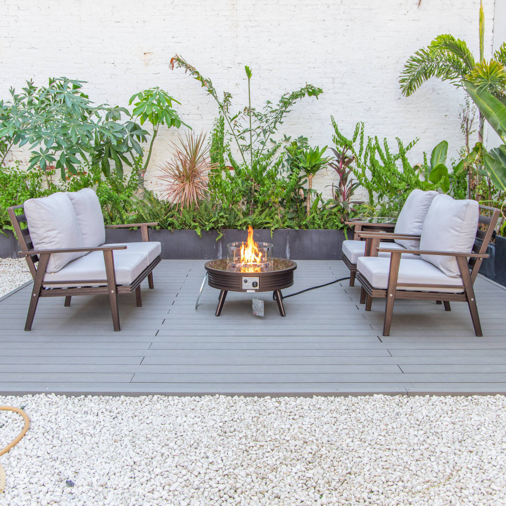 LeisureMod Walbrooke Patio Conversation Set With Fire Pit Table, Light Grey
