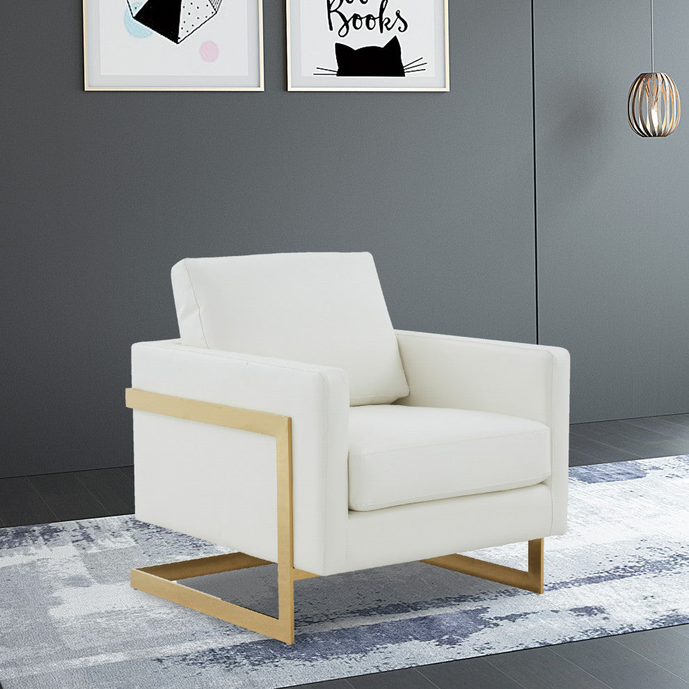LeisureMod Lincoln Modern Leather Accent Arm Chair With Gold Frame, White