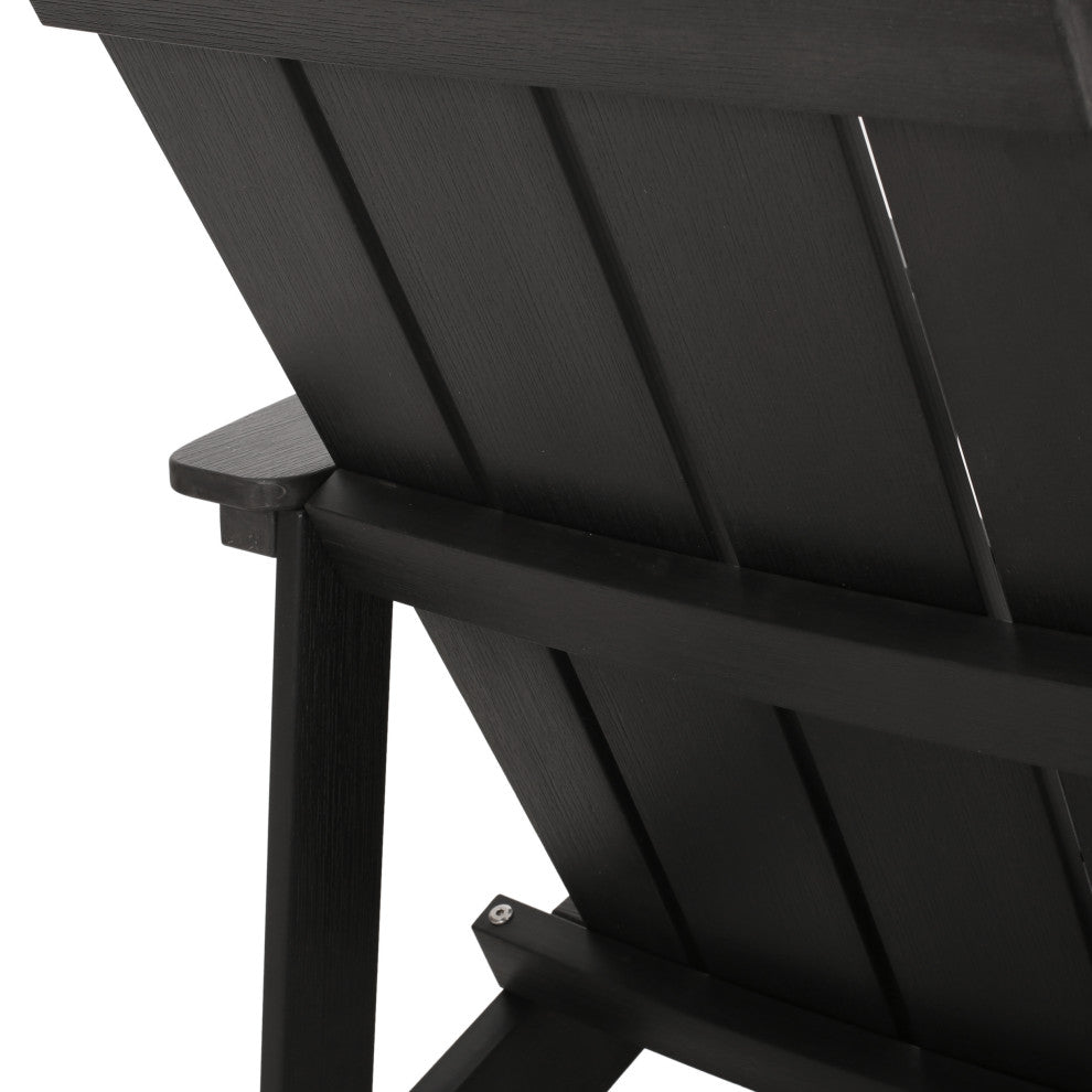 Ulises Outdoor Faux Wood Adirondack Chair With Retractable Ottoman, Black