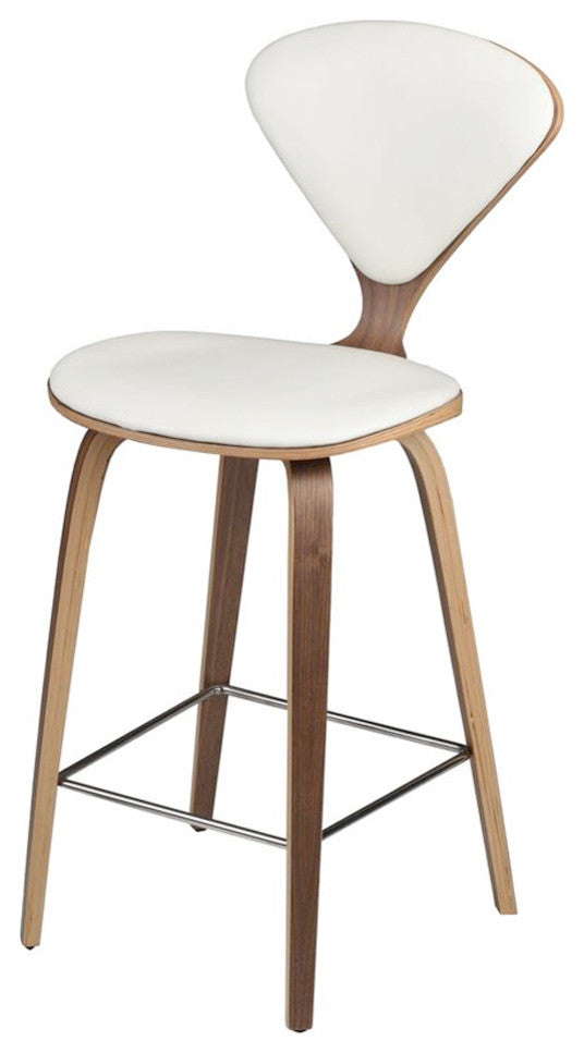 Satine Bar Stool, Molded Plywood Barstool, Leather Seat, Walnut Frame, White