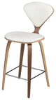 Satine Bar Stool, Molded Plywood Barstool, Leather Seat, Walnut Frame, White