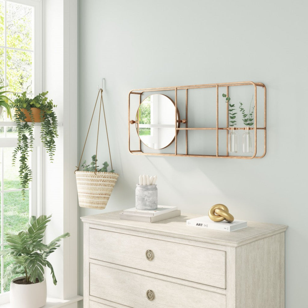 Gold Horizontal Shelf With Round Mirror