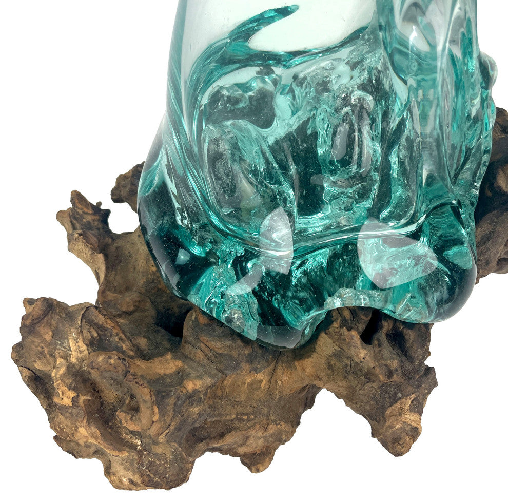 Glass On Teak Driftwood Molten Sculptural Bud Vase