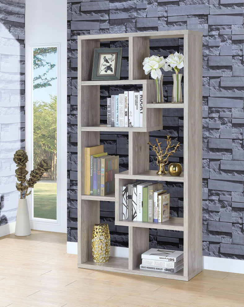 10-Shelf Geometric Bookcase, Gray Driftwood
