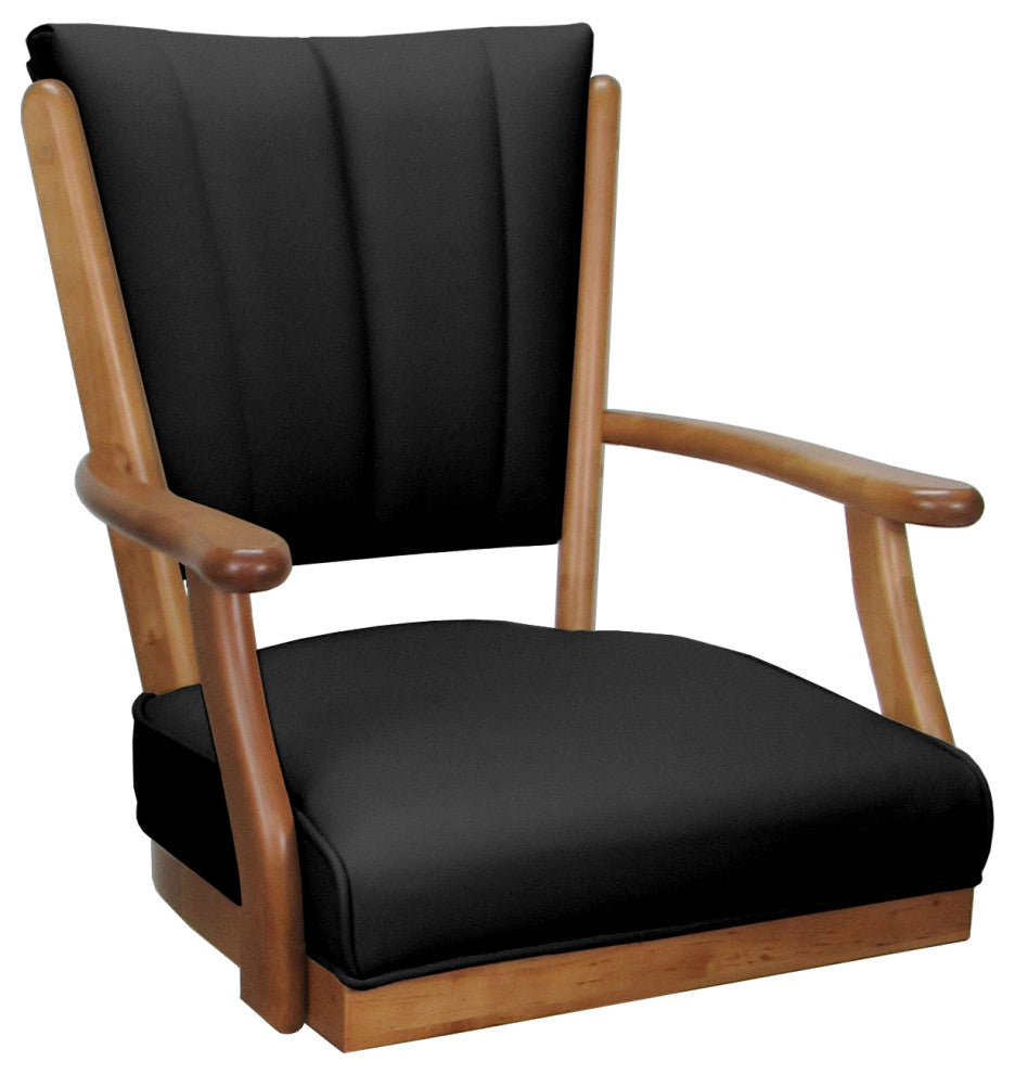 Leather Swivel Wood Bar Stool Classic on S-Base, Black Leather on Honey, 26"