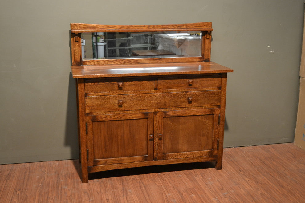 Mission Solid Oak Sideboard Buffet With Back Mirror