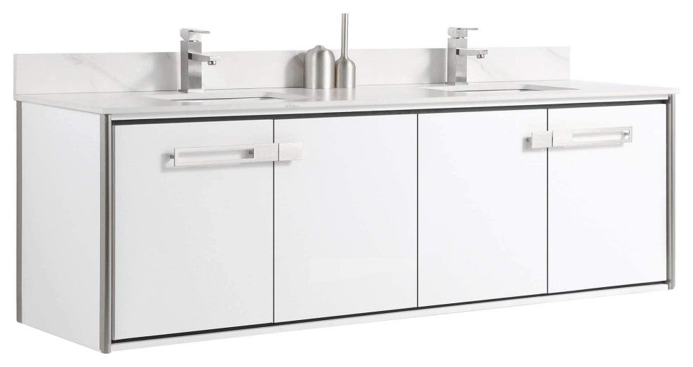 Oakville Wall Mount Bathroom Vanity, White Matte, 72", Chrome Hardware