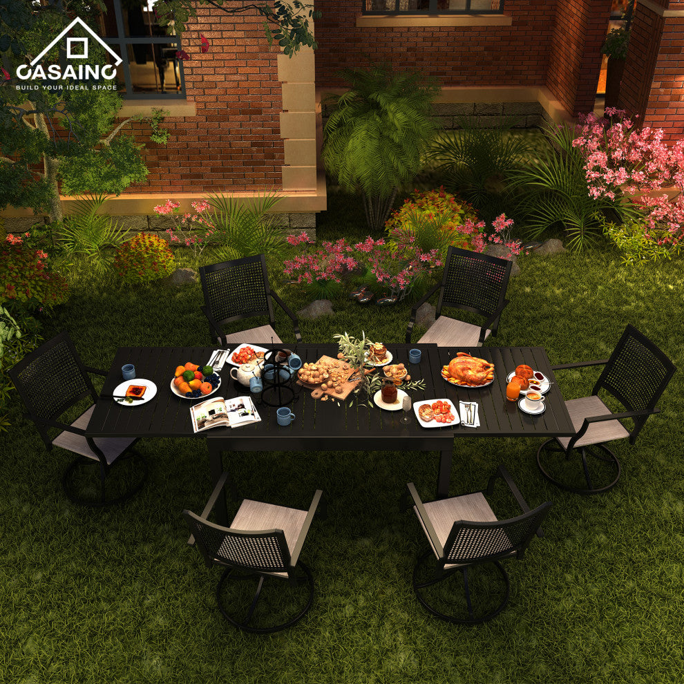 7 Piece Metal Frame Patio Dining Set, Aluminum Extendable Dining Table