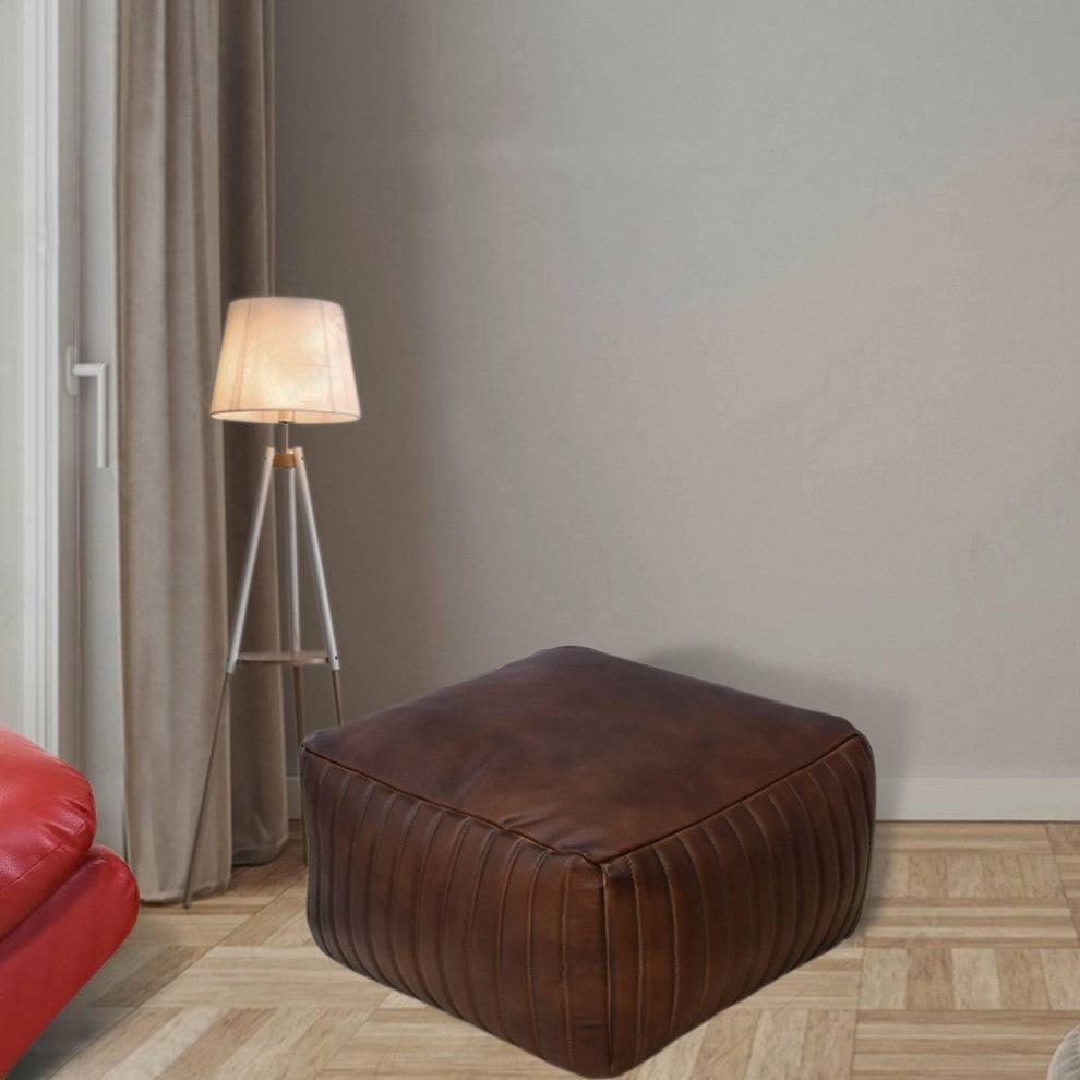 Poufs-Solid Handmade Goat Leather Pouf, Recycled Cotton Fill, Brown, Square [21x21x12]