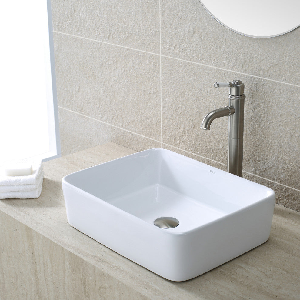 Elavo Ceramic Rectangle Vessel White Sink, PU Drain Satin Nickel