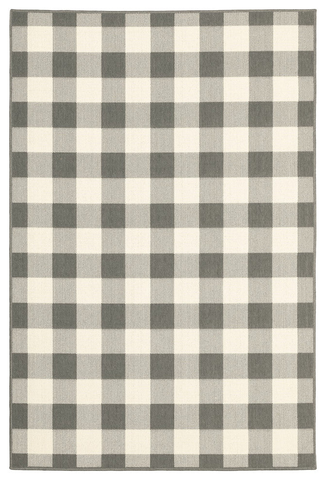 9??13??Gray And Ivory Gingham Indoor Outdoor Area Rug