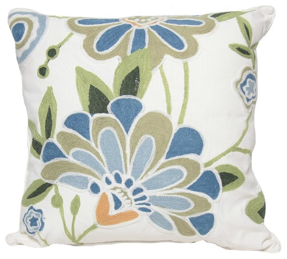 Crewel Embroidered Flora Feather Filled Decorative Pillow, Blue, 18x18