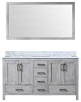 60" Distressed Gray Double Vanity, White Marble Top, White Sinks and 58" Mirror