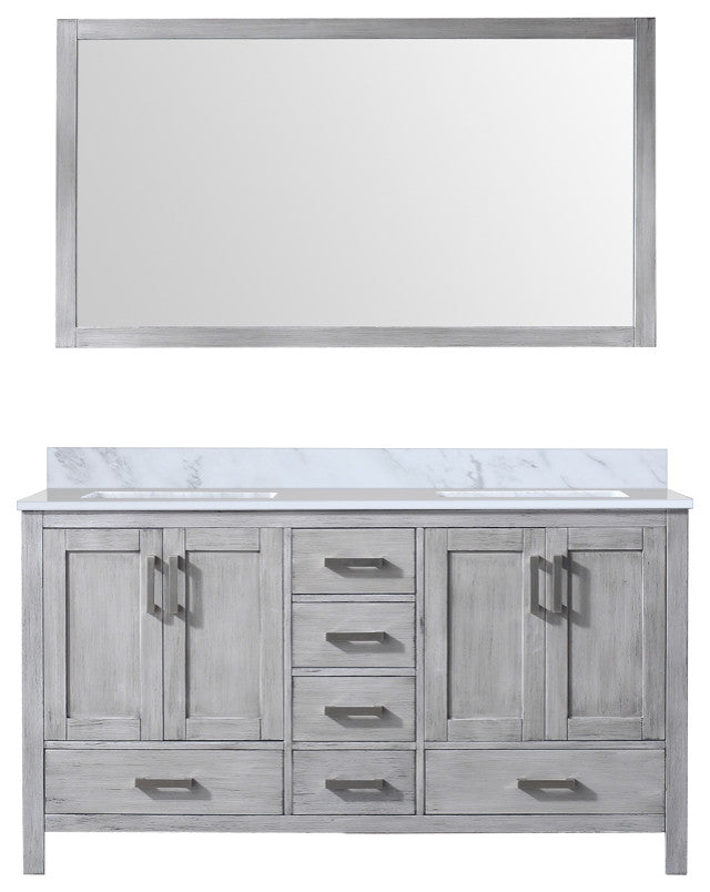 60" Distressed Gray Double Vanity, White Marble Top, White Sinks and 58" Mirror