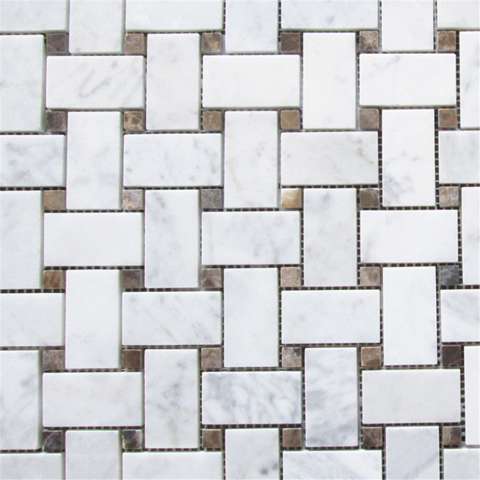 White Carrera Marble Basketweave Mosaic Tile Brown Dots Polished, 1 sheet