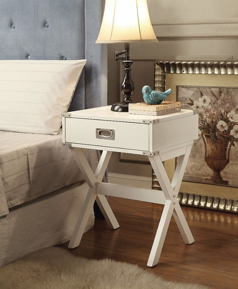 Benzara BM154580 1 Drawer Wooden End Table With X Shaped Legs, White