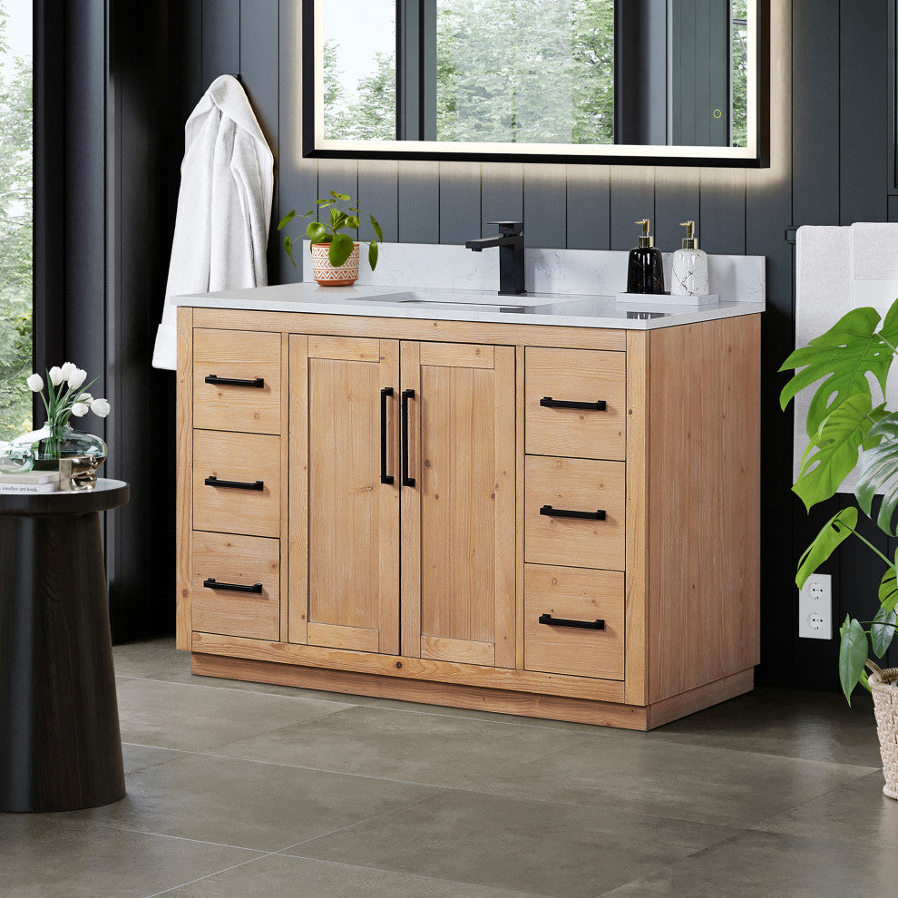 Cicero Vanity, Grain White Engineered Stone Countertop, Light Brown, 48", No Mirror