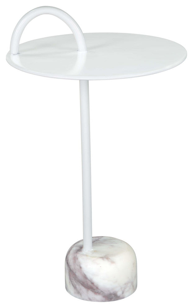 Sofa Side Table, Round, Artificial Marble, Iron Metal, White, Hospitality