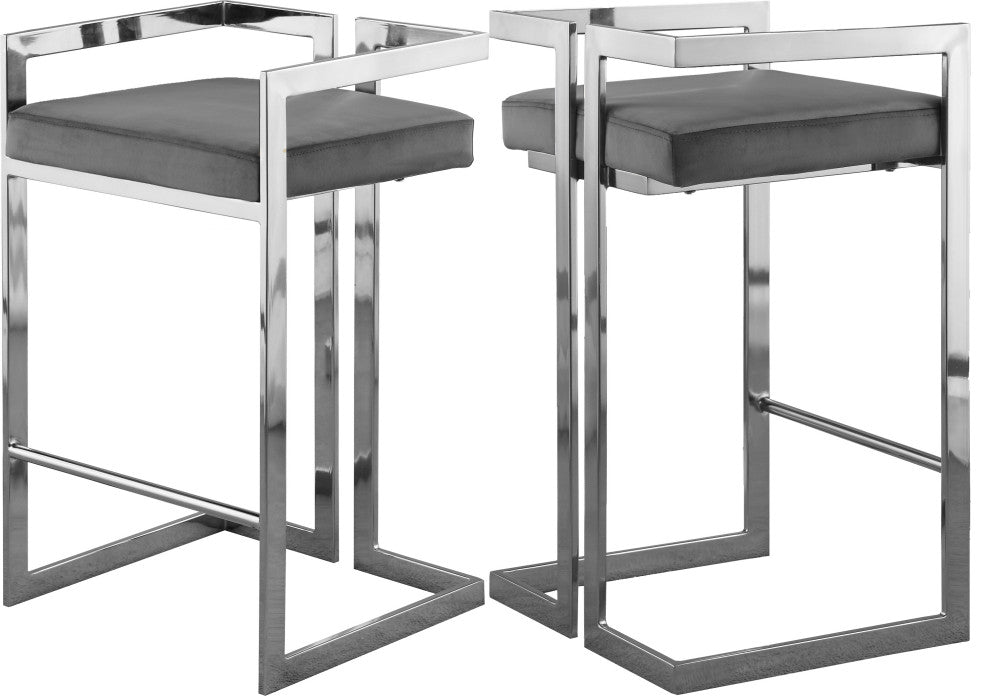 Ezra Counter Stool, Set of 2, Gray Velvet, Chrome Base