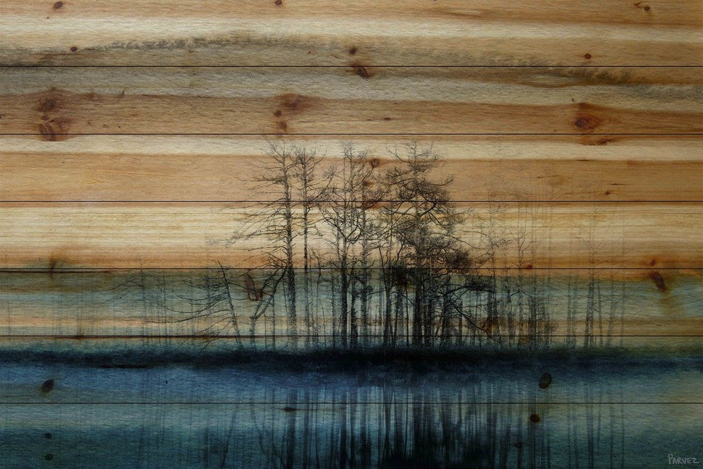 "Tree Isle Reflects" Painting Print on Natural Pine Wood, 36"x24"
