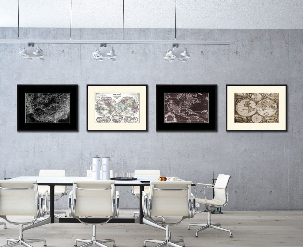 Australia Old Monochrome Map Print On Canvas With Black Custom Frame, 16" X 21"