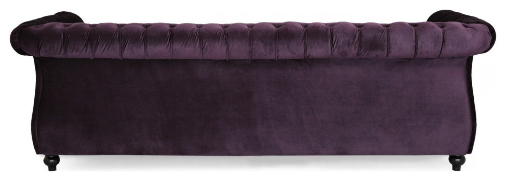 GDF Studio Vita Chesterfield Tufted Jewel Toned Velvet Sofa With Scroll Arms, Blackberry