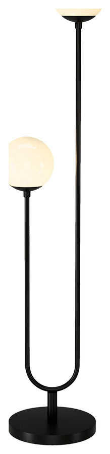 69" Black Two Light Novelty Floor Lamp With White Frosted Glass Globe Shade