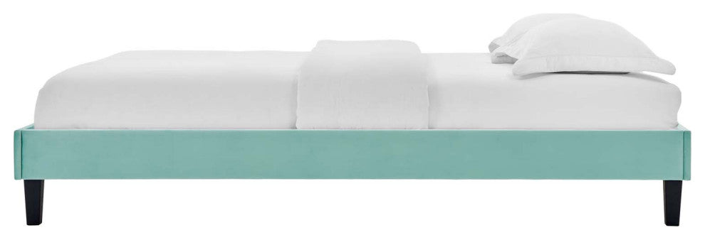 Platform Bed Frame, Twin Size, Velvet, Blue, Modern Contemporary, Bedroom Master