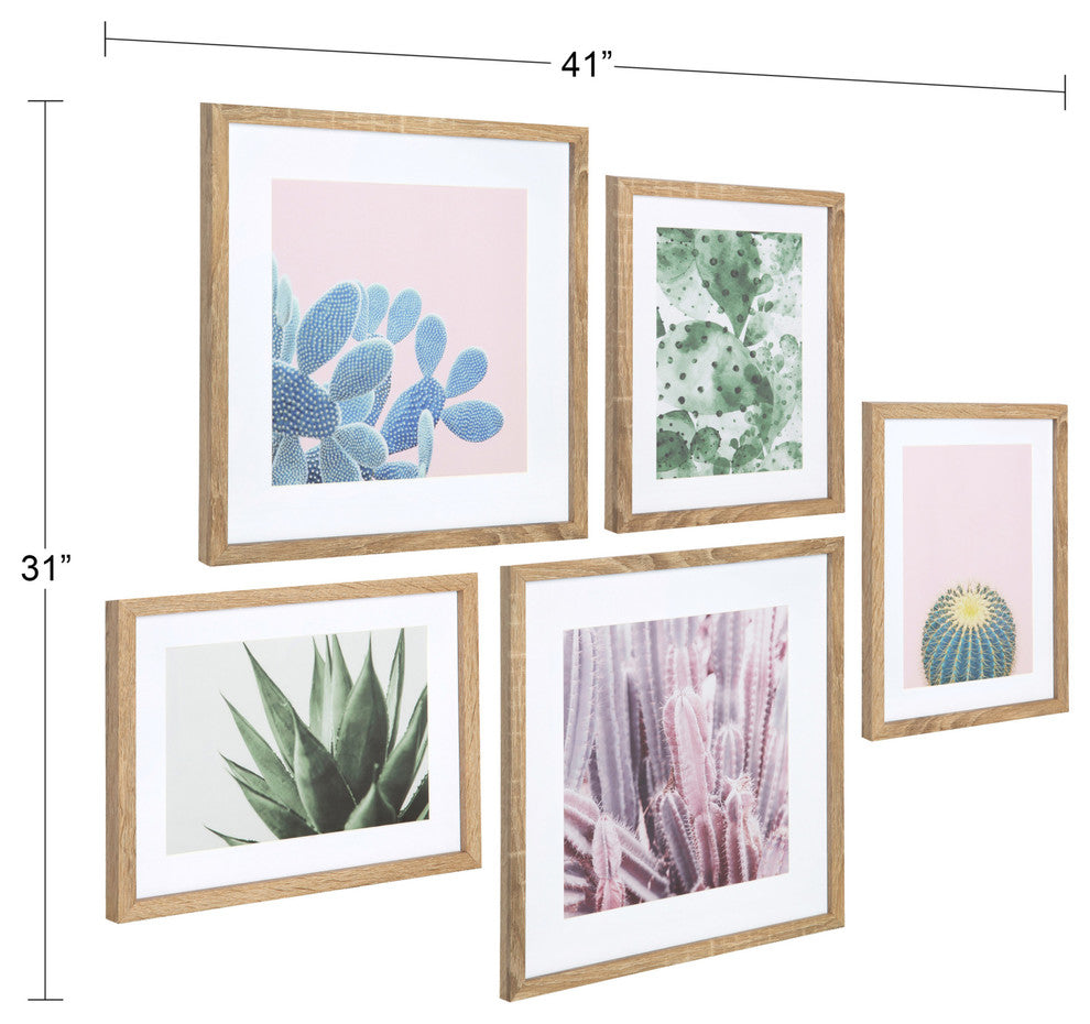 Modern Cactus Framed Wall Art Set, Natural 5 Piece