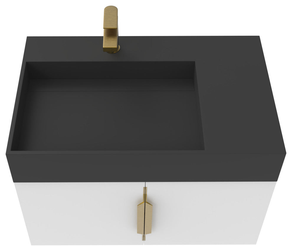 CastelloUSA Amazon 30" Left Wall Mounted Bathroom Vanity Set, White, Black Top, Gold Handles