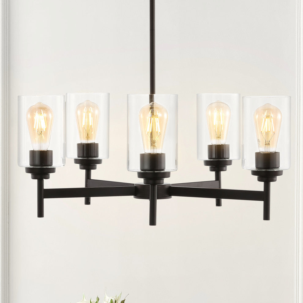 Orpheus 24" 5-Light Farmhouse Cylinder LED Chandelier, Oil Rubbed Bronze/Clear