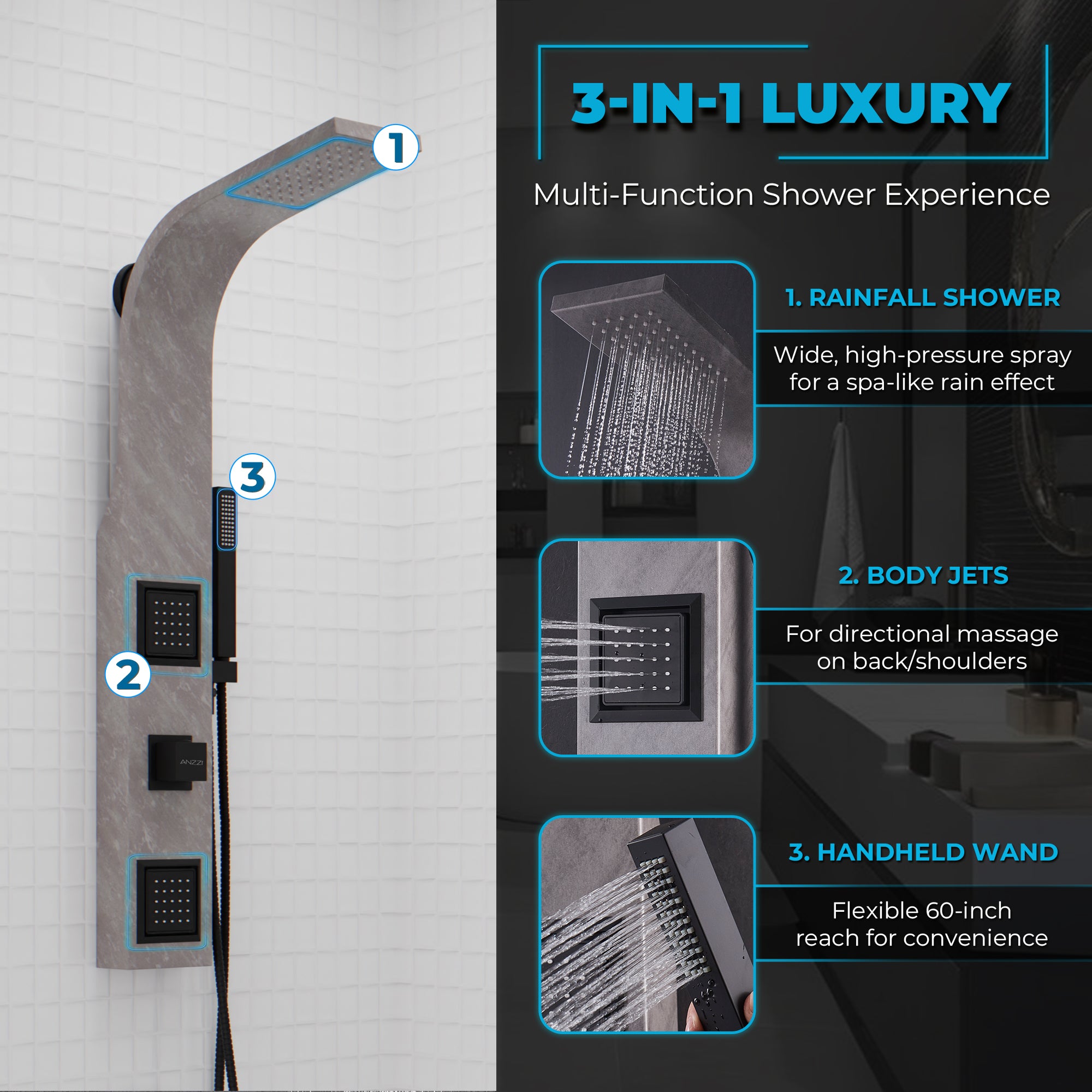 Aura 2-Jetted Shower Panel With Heavy Rain Shower and Spray Wand, Gray Marble