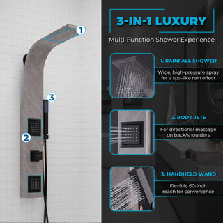 Aura 2-Jetted Shower Panel With Heavy Rain Shower and Spray Wand, Gray Marble