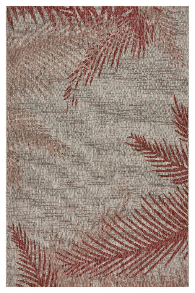 8" x 9" Red Palm Leaves Indoor Outdoor Area Rug
