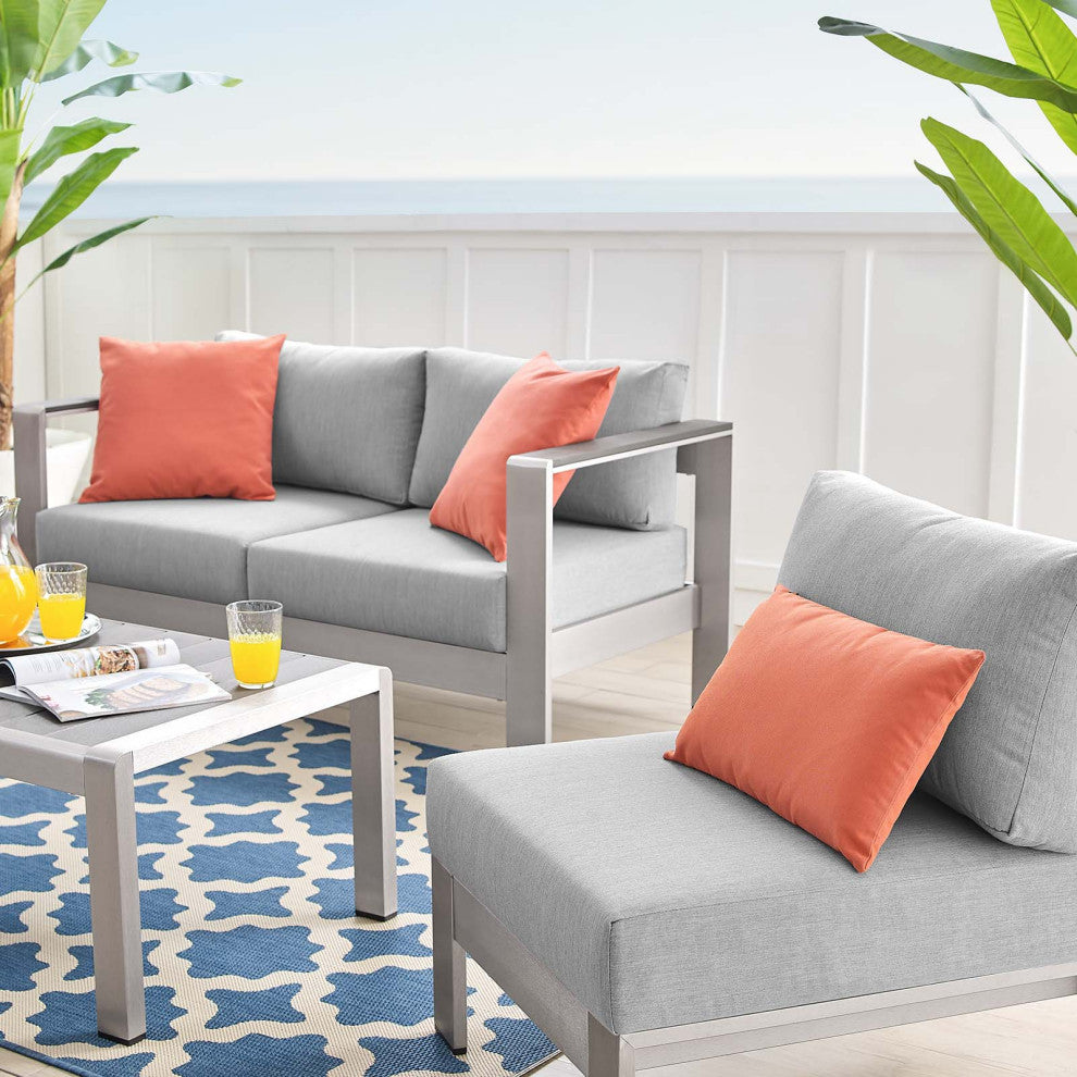 Sectional Sofa Chair Table Set, Sunbrella, Aluminum, Silver Gray, Outdoor