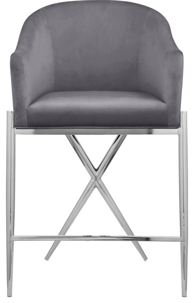 Xavier Velvet Upholstered Counter Height Stool, Gray, Chrome Finish