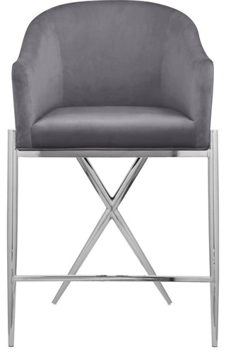 Xavier Velvet Upholstered Counter Height Stool, Gray, Chrome Finish
